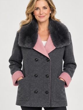 Max & Moi Paris Wool Knit Jacket 100% Real Rabbit Fur Collar Grey Pink 38